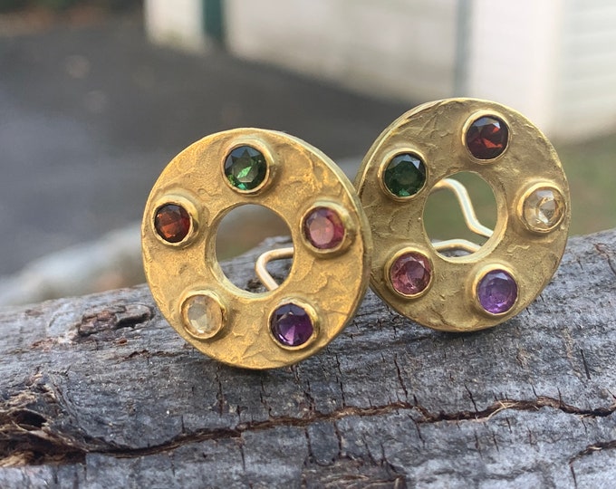 Multi Gem Earring, Gold Disc Earring, Garnet Disc Earring