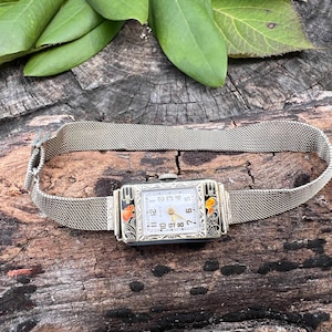 Art Deco Elgin Watch: 14k White Gold, Enamel Lady & Tiger, 1920s Antique