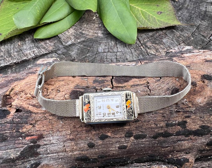 Art Deco Elgin Watch: 14k White Gold, Enamel Lady & Tiger, 1920s Antique