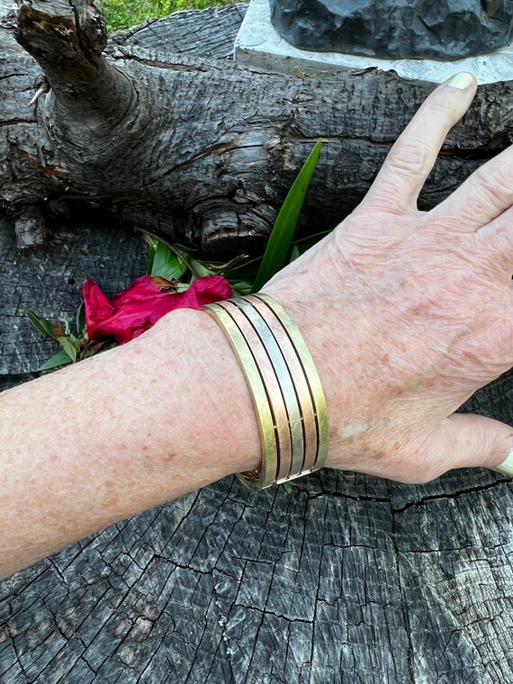 Tri Color Gold Bangle, Wide Gold Bracelet, Gold W… - image 9