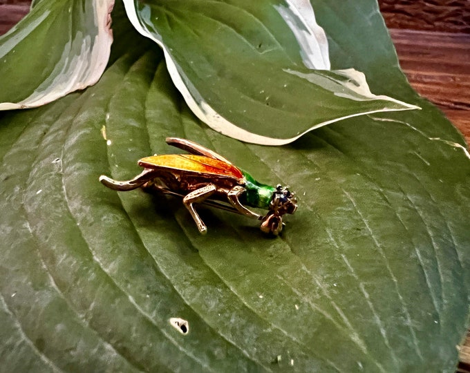 Gold Firefly Brooch, Enamel Firefly, Gold Lighting Bug Pendant, Gold Lightning Bug