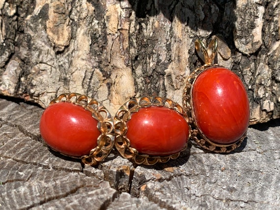 Coral Pendant, Coral Set, Coral Earring, Coral Ea… - image 1