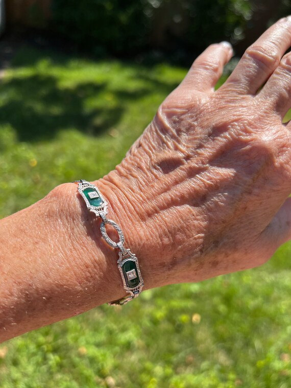 Bracelet Art Déco Années 1920 En Argent Avec Cornaline Et Chrysoprase - Bijou Rétro Vintage
