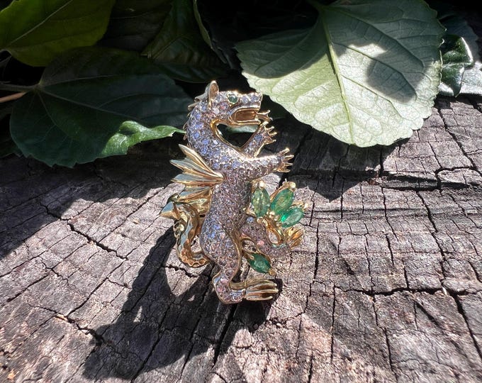 14k Gold Diamond and Emerald Dragon Statement Ring, Diamond Dragon Ring, Dragon Ring