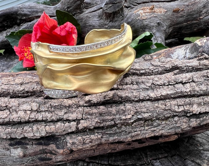 Vintage 18K Gold Diamond Cuff Bangle: Thomas Cherin Designer Bracelet