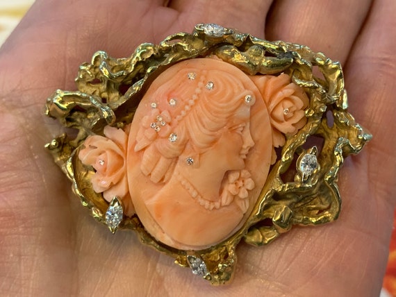 Vintage Coral Cameo, Coral Cameo, Gold Coral Came… - image 2