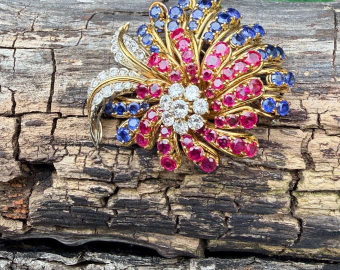 18k Gold Ruby Sapphire Diamond Floral Spray Brooch, Vintage Spitzer & Furman Pin