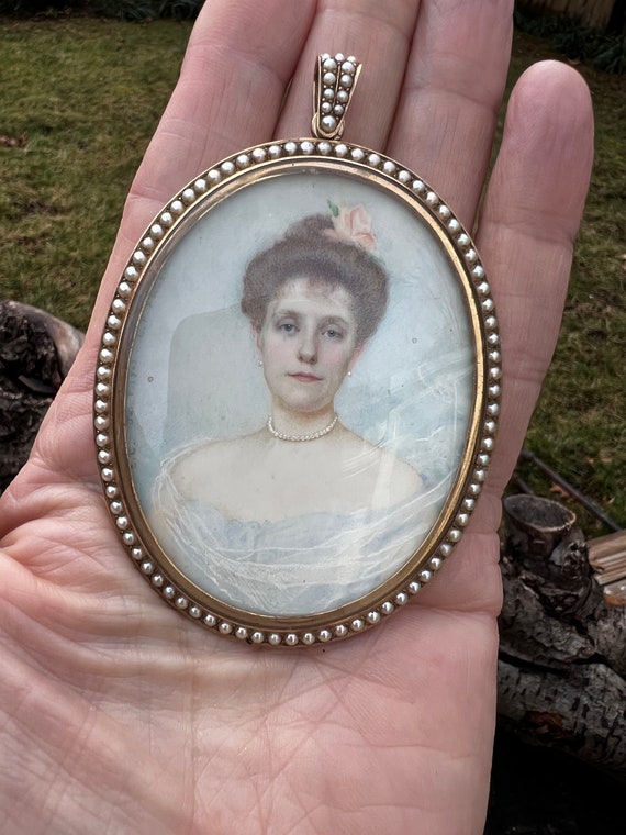 Victorian Portrait Pendant, Hand Painted Pendant,… - image 7