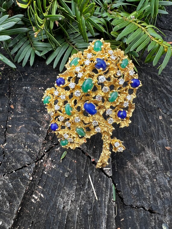 Lapis Flower Brooch, Emerald Flower Pin, Diamond … - image 2
