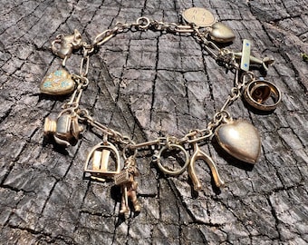 Yellow Gold Charm Bracelet,  Vintage Charm Bracelet, Large Charm Bracelet