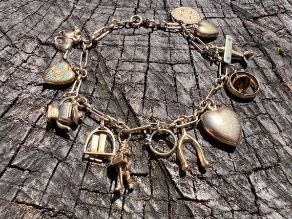 Yellow Gold Charm Bracelet, Vintage Charm Bracelet, Large Charm Bracelet
