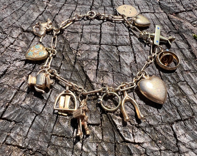 Yellow Gold Charm Bracelet,  Vintage Charm Bracelet, Large Charm Bracelet