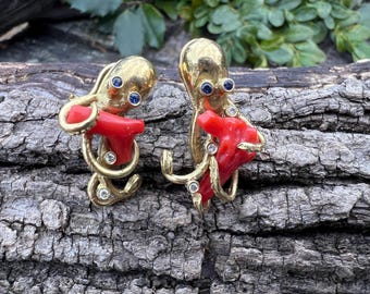 Gold Octopus Earring, Coral Octopus Earrings, Gold Fish Earring, Fish Jewelry