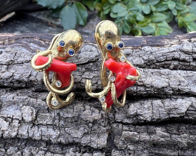 Gold Octopus Earring, Coral Octopus Earrings, Gold Fish Earring, Fish Jewelry