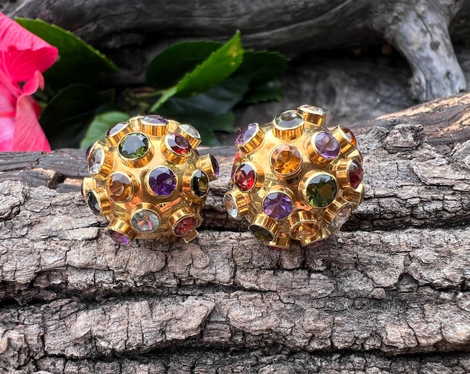 Mutli Gem Earring, Amethyst Earrings, Dome Earring, Garnet Earrings