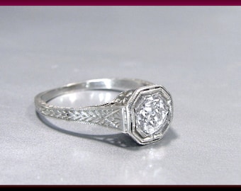 Antique Diamond Engagement Ring Art Deco Diamond Engagement Ring with Old Mine Cut Diamond Platinum Wedding Ring  - ER 607M