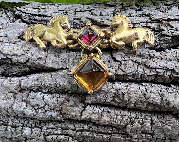 Citrine Horse Pin, Gold Horse Brooch, Garnet Horse Brooch, Equestrian Pin, Horse Jewelry
