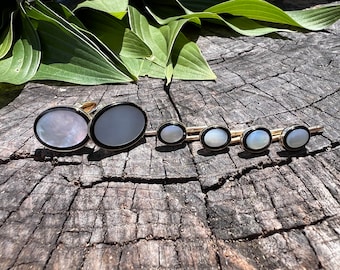 Gold and Mother of Pearl Cufflinks, Mother of Pearl Stud Set, Mother of Pearl Cufflinks