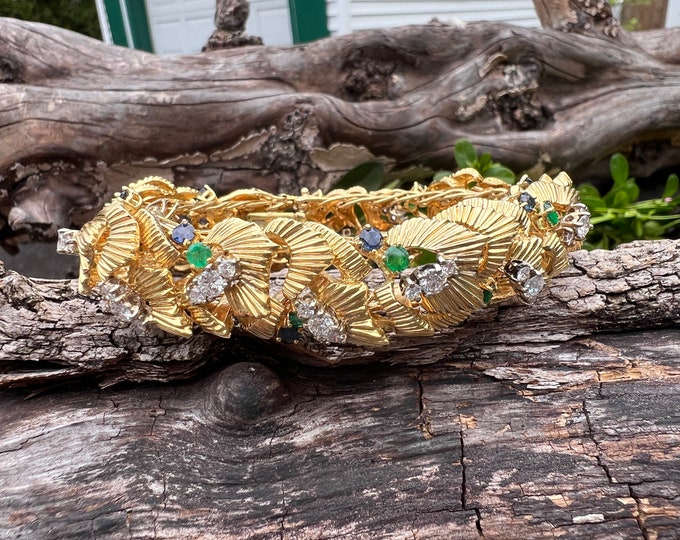 Wide Emerald Bracelet, Diamond Bracelet, Gold Sapphire Bracelet, Emerald and Diamond Bracelet