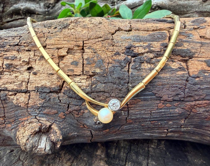 1970s 18k Yellow Gold Diamond Pearl Necklace, Moi Et Moi Design, Statement Jewelry