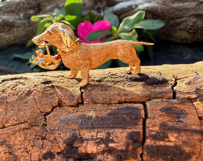 Vintage 14k Gold Dachshund Brooch, Gemstone Basket, Textured Dog Pin
