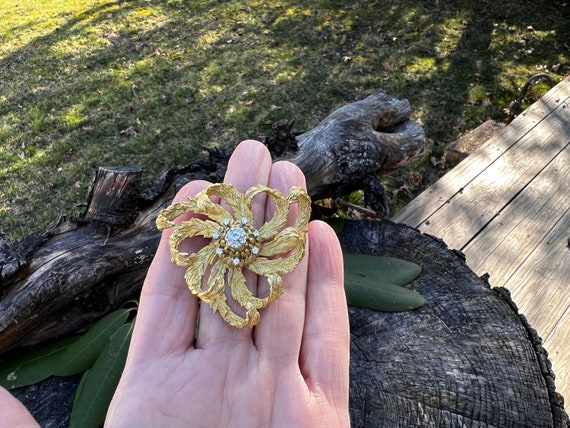 Diamond Flower Brooch, Diamond Spray Pin, Gold Fl… - image 3
