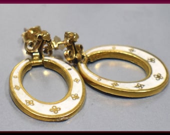 Vintage Victorian 14K Yellow Gold White Enamel Oval Hoop Dangle Earrings - EA 302S