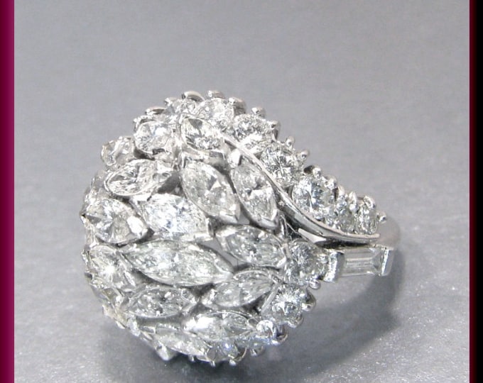 Diamond Cluster Cocktail Ring  Vintage Cocktail Ring Platinum 1950's Marquis and Round Diamond Ring Statement Ring