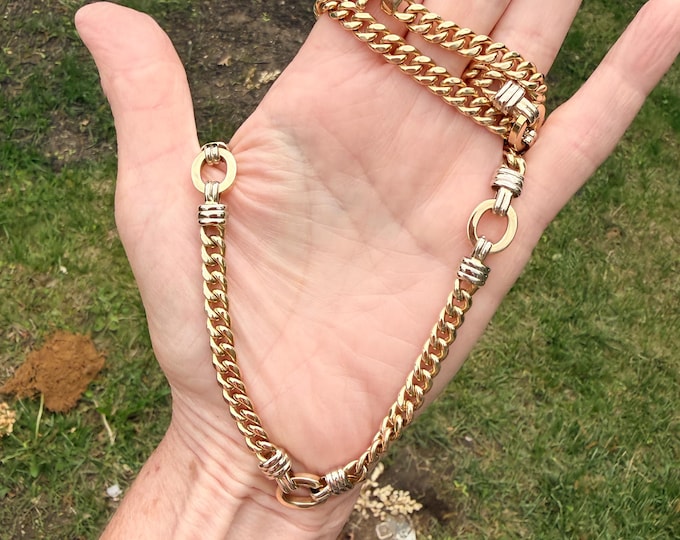 14k Yellow Gold Curb and Circle Link Necklace, Vintage 1970s Italian Chain (30.5")