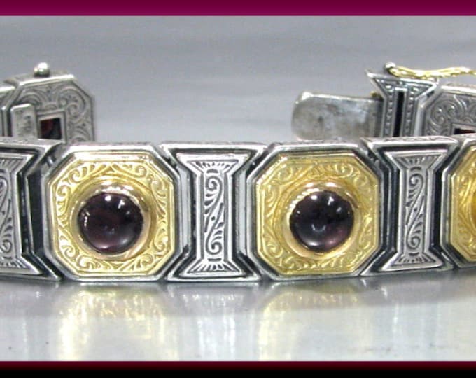 Vintage 18k Yellow Gold and Sterling Silver Cabochon Garnet Bold Bracelet - BR 403S