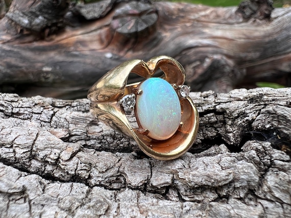 Opal and Diamond Ring, Vintage Opal Ring, 1960s Opal Ring, October Birthstone