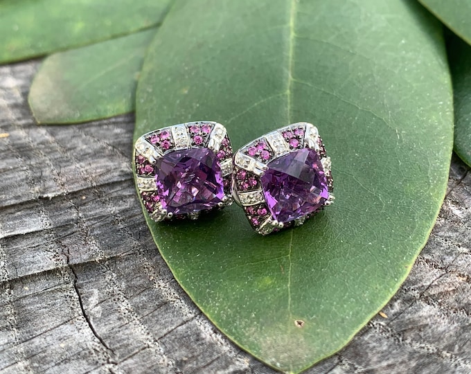 White Gold Amethyst Earrings, Ruby Earrings, July Birthstone Earrings, February Birthstone