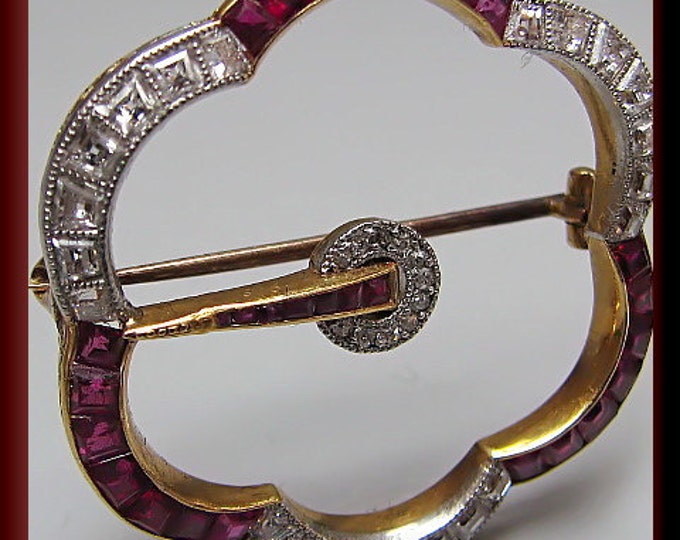 Antique Vintage Turn of the Century Platinum and Yellow Gold Diamond and Ruby Pin Brooch