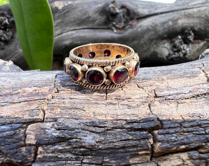14k Yellow Gold Garnet Band: Etruscan Style Wedding Ring