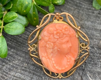 Victorian Coral Cameo, Coral Cameo, Gold Coral Cameo, Cameo Pendant