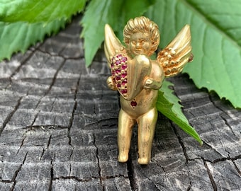 Gold Cupid Charm, Gold Angel Pendant, Ruby Heart, Gold Cherub Brooch