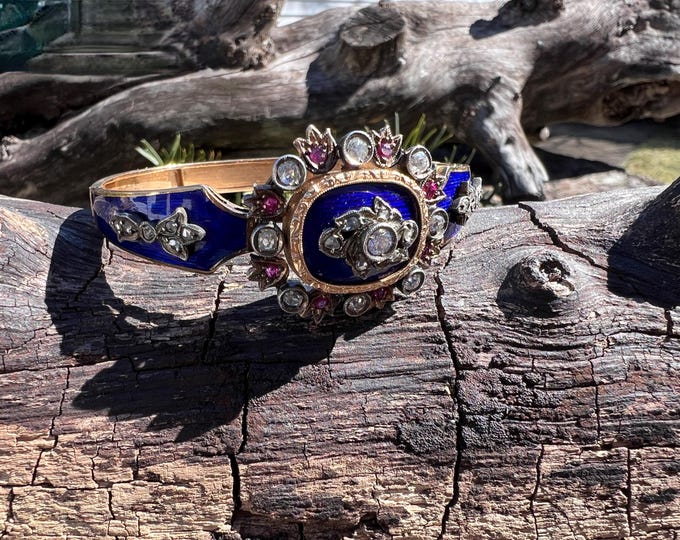 Blue Enamel Bangle, Enamel and Diamond Bangle, Retro Blue Enamel Bangle