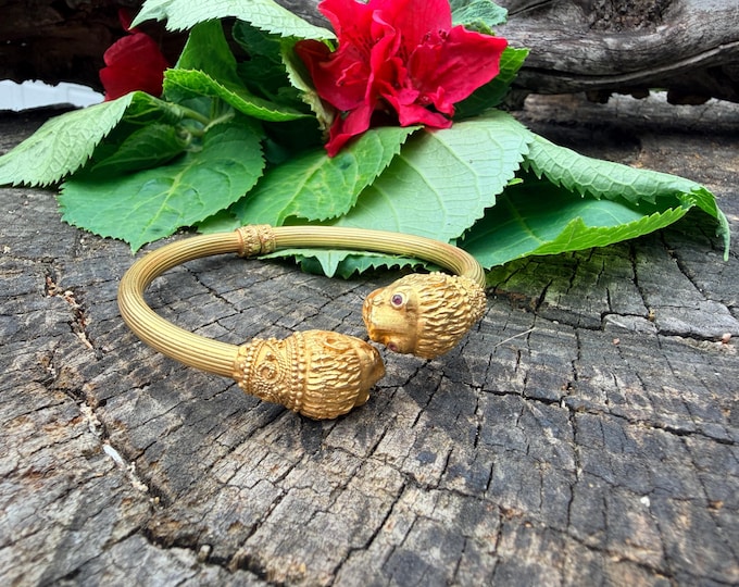 18k Yellow Gold Chimera Bangle,  Double Lion Head Bangle