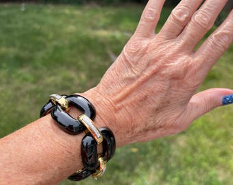 Wide Onyx Bracelet, Chunky Wide Onyx Bracelet, Onyx and Diamond Bracelet, Large Link Onyx Bracelet