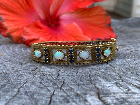 Vintage Gold Opal Bangle, Opal Bracelet, October … - image 2