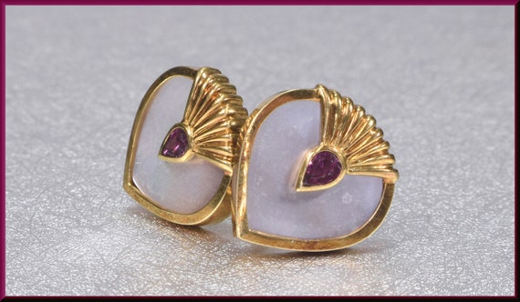 Mother of Pearl Heart Earrings, Yellow Gold Heart… - image 2