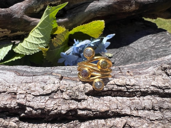 Rose Cut Black Diamond Ring: 24k Yellow Gold Cock… - image 1