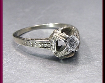 Antique Diamond Engagement Ring Art Deco Diamond Engagement Ring with Old European Cut Diamond 18K White Gold Wedding Ring - ER 519M
