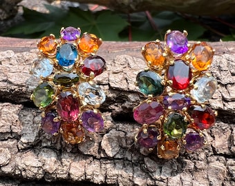 Yellow Gold Multi Gem Earrings, Multi Gem Earrings, Cluster Earrings