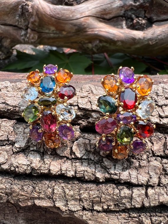 Yellow Gold Multi Gem Earrings, Multi Gem Earring… - image 1