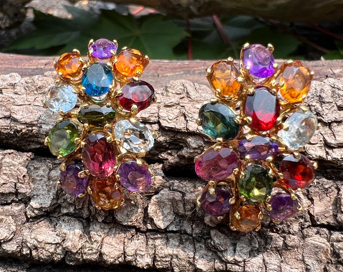Yellow Gold Multi Gem Earrings, Multi Gem Earrings, Cluster Earrings