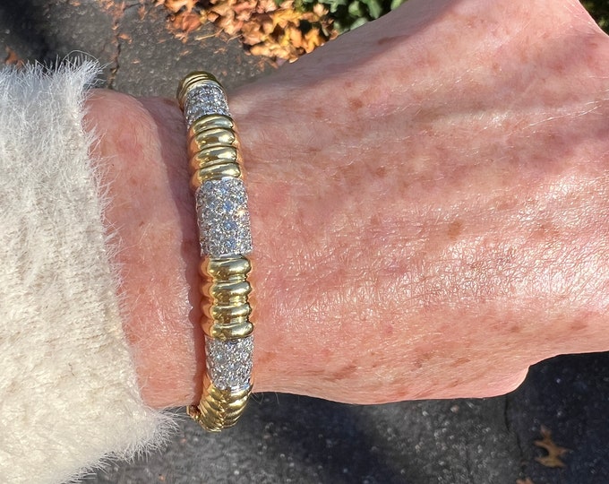 Yellow Gold and Diamond Bangle, Chunky Gold Bracelet, Wide Gold Bangle, Diamond Bangle, Diamond Bracelet