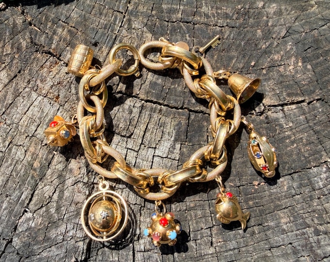 18K Yellow Gold Multi Stone Charm Bracelet, Vintage 1960s, Amethyst, Coral, Turquoise, Garnet