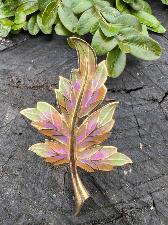 Gold Leaf Brooch, Enamel Brooch, Leaf Brooch - image 1