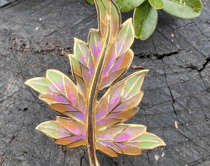 Gold Leaf Brooch, Enamel Brooch, Leaf Brooch